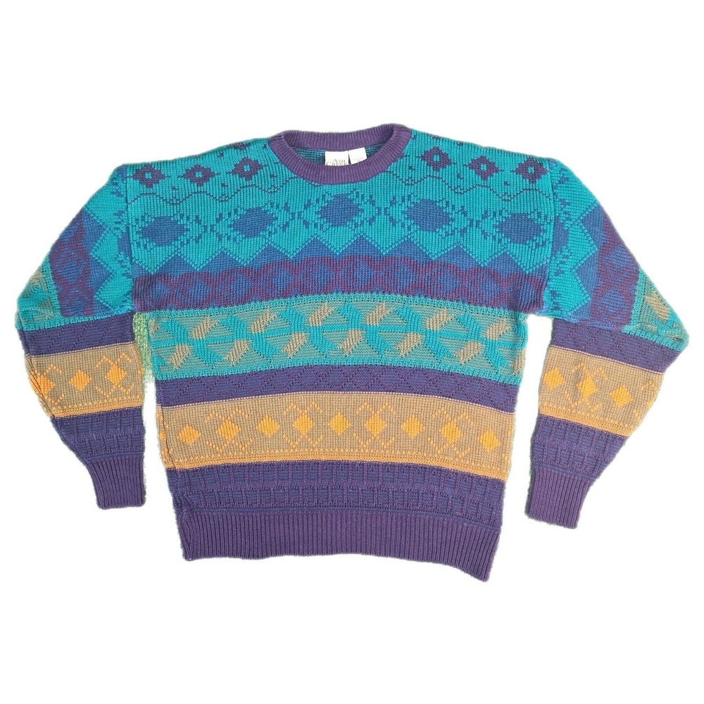 Vintage Ash Creek Trading Multicolor Geometric Knit Sweater Size XL EUC